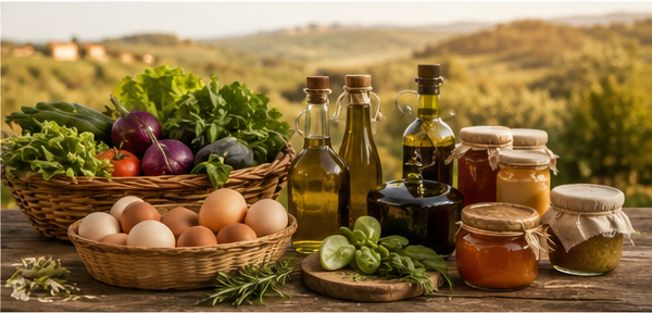 Tavolo in legno con bottiglie di olio extravergine, uova fresche, verdure di stagione, miele e confetture della cascina