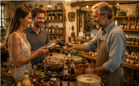 Visitatori che scelgono i prodotti tra gli scaffali in legno della bottega