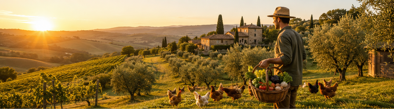Le colline di San Gimignano all'alba: filari di vite, ulivi e il casale in pietra della Cascina Bellavigna