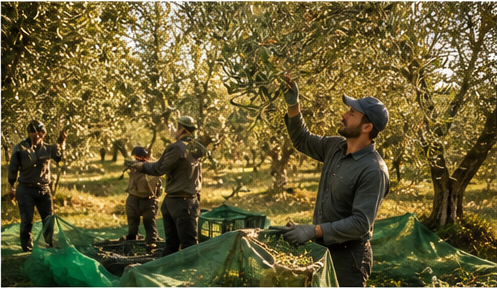Raccolta delle olive a mano tra gli ulivi secolari della tenuta, nella luce calda del pomeriggio