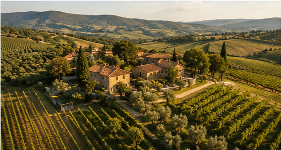 Veduta dall'alto della tenuta: i filari della vigna, l'oliveto e gli edifici in pietra tra le colline toscane